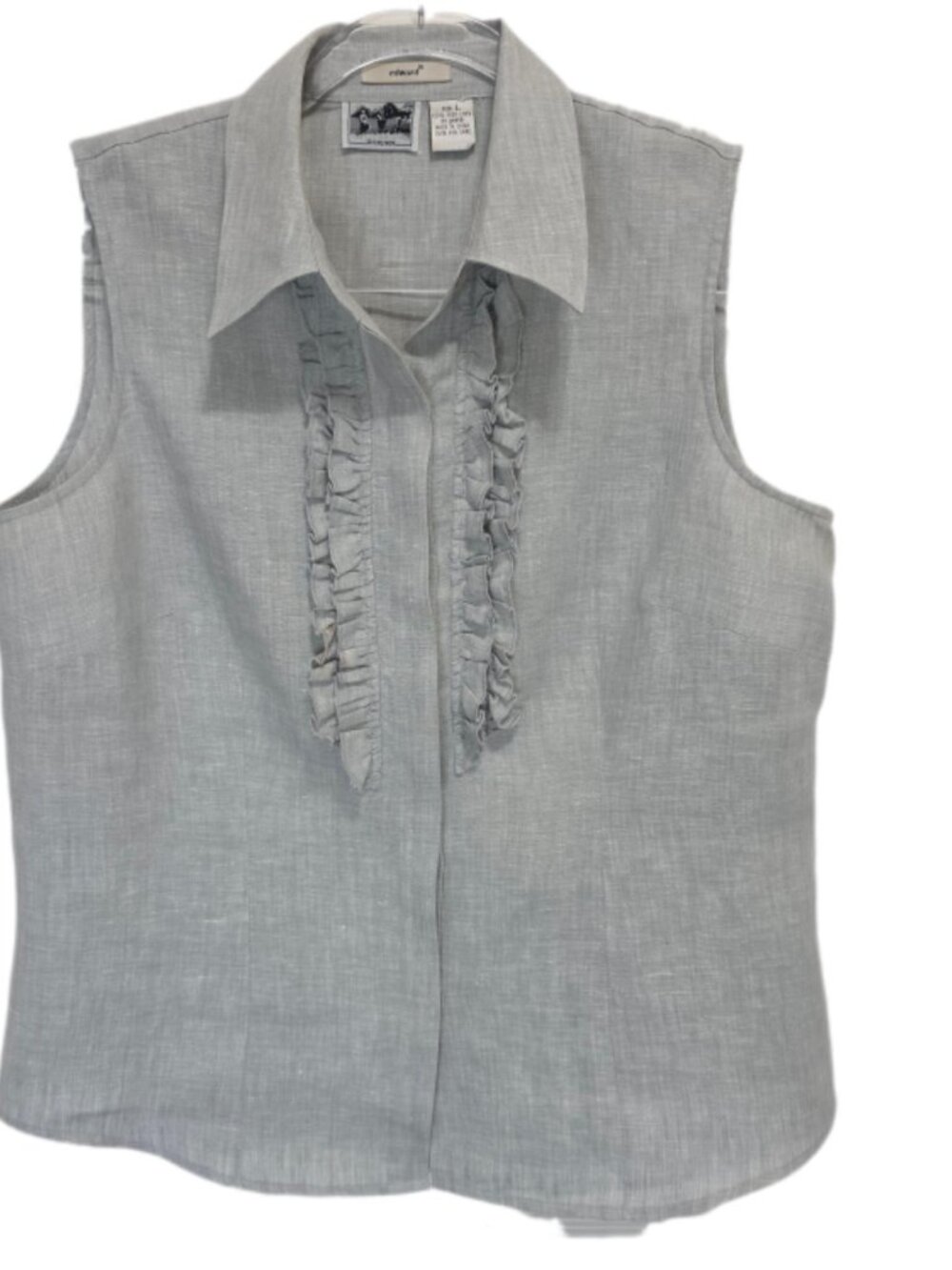 1470 edward Irish Linen Ruffle Front Sleeveless Button Up Blouse